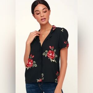 Amuse Society Black and Red Rose Chiffon Button Down Shirt